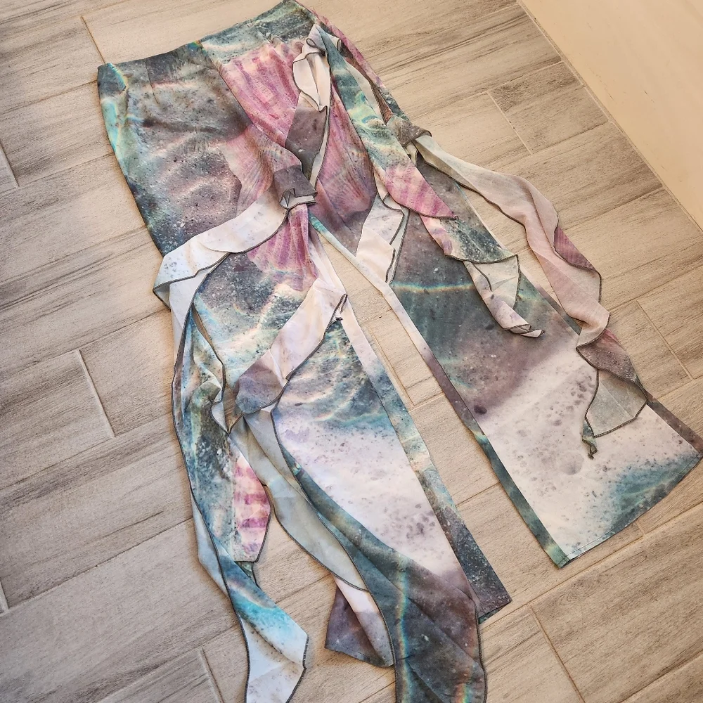 PrettyLittleThing PLT beach pants 6 green purple ruffles sheer wide leg swim new